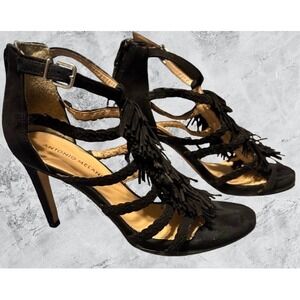 Antonio Melani Black Suede Fringe Gladiator Stiletto Heels Sandals Womens 9M